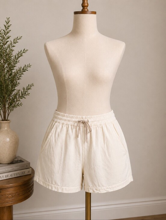 None Pants - Cream Cotton Linen Blend Pull-On Shorts 2XL Coastal Boho